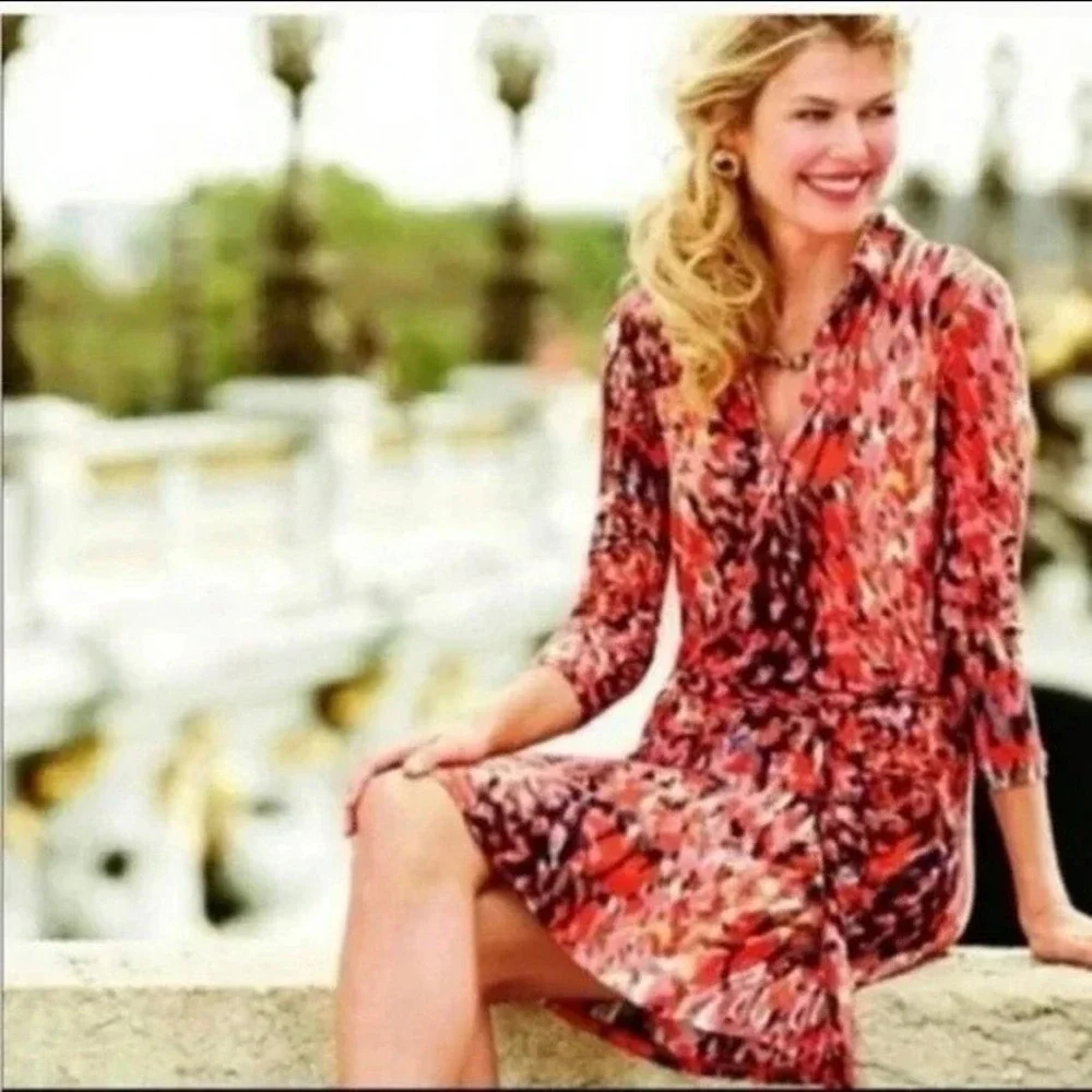 CAbi Abstract Watercolor Long Sleeve Jersey‎ Shift Dress Style# 374 M - Picture 3 of 15